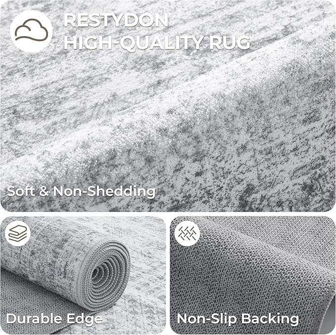 3x16 Washable Runner Rug for Hallway, Non-Slip Long Hallway Runner for Entryway, Soft Vintage Kitchen Mats for Floor, Abstract Dining Room, Bedroom, Living Room Rugs(3'x16', Grey/Ivory)