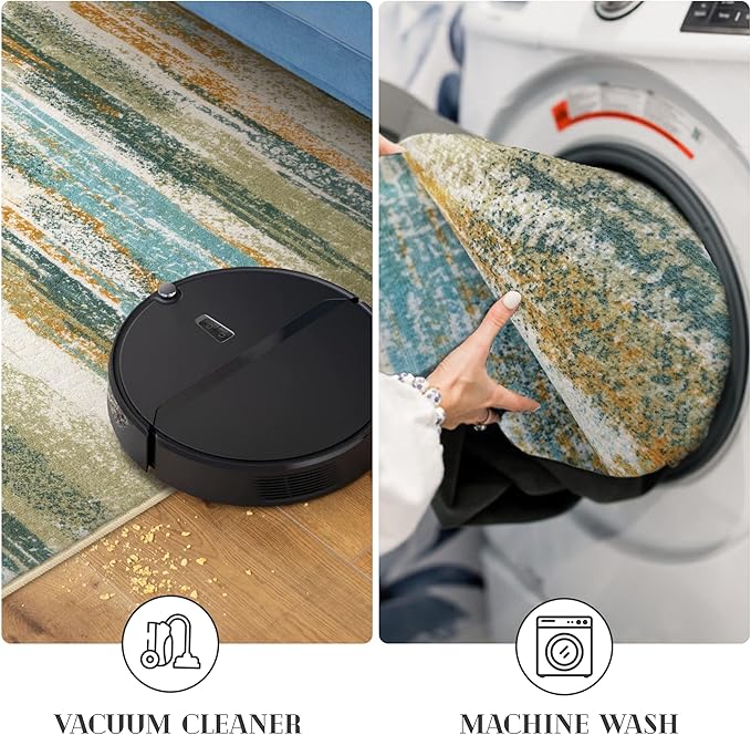 Lansny Modern Abstract Runner Rug 2x10, Green Mustard Multi Washable Long Kitchen Runner Non-Slip Soft Hallway Rug Runner Thin Print Faux Wool Carpet for Entryway Bedroom Laundry Room Indoor