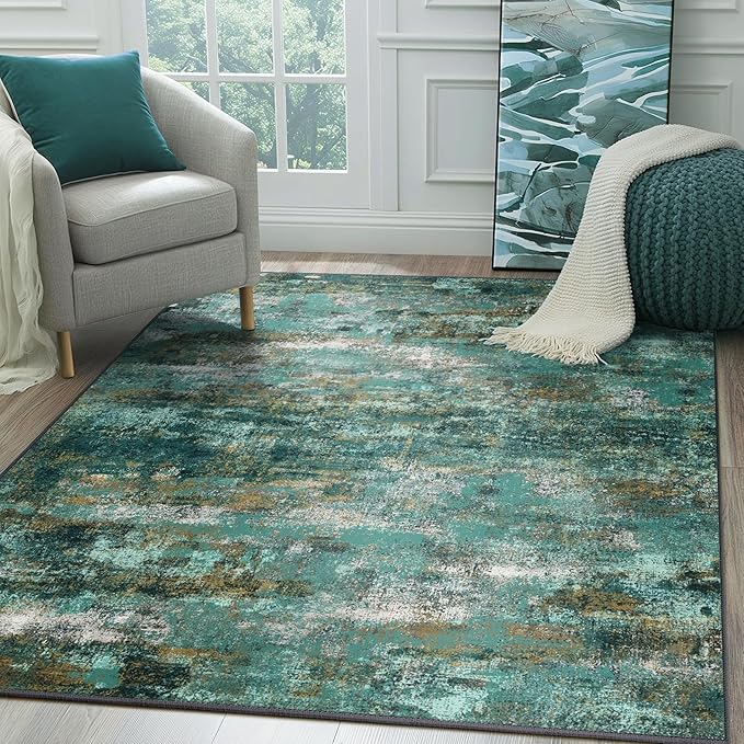 BEIMO Machine Washable Rug 8x10 Area Rugs for Living Room Bedroom, Large Turquoise Abstract Area Rug Soft Throw Rugs, Low-Pile Floor Carpet with Non Slip Rubber Backing