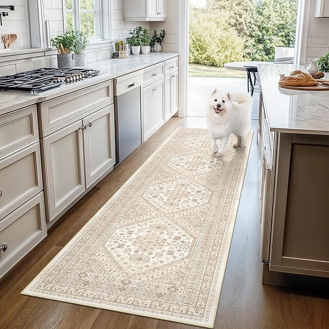 Area Rugs 5x7, Ultra-Thin Washable Rugs for Living Room, Anti-Slip Backing Area Rug for Bedroom, Soft Floral Vintage Home Decor Rug for Dining Room(Cream/Beige,5'x7')