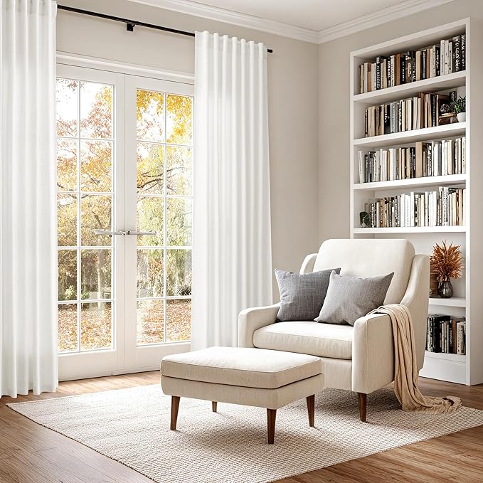 Nanspring Beige White Linen Curtains for Living Room 92 Inches Long Back Tab and Rod Pocket Light Filtering Semi Sheer Curtain Rustic Farmhouse Decor Luxury Drapes for Bedroom Office 52x92, 2 Panels