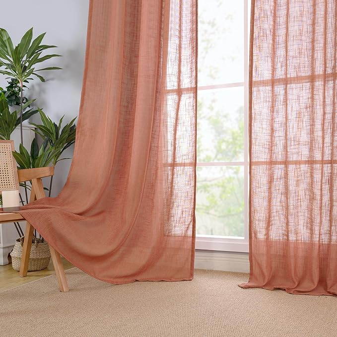 LAMIT Light Filtering Linen Curtains 63 inches Long for Bedroom, Linen Textured Semi Sheer Back Tab and Rod Pocket Terracotta Boho Drapes for Living Room, 2 Panels, 60 x 63 Inch