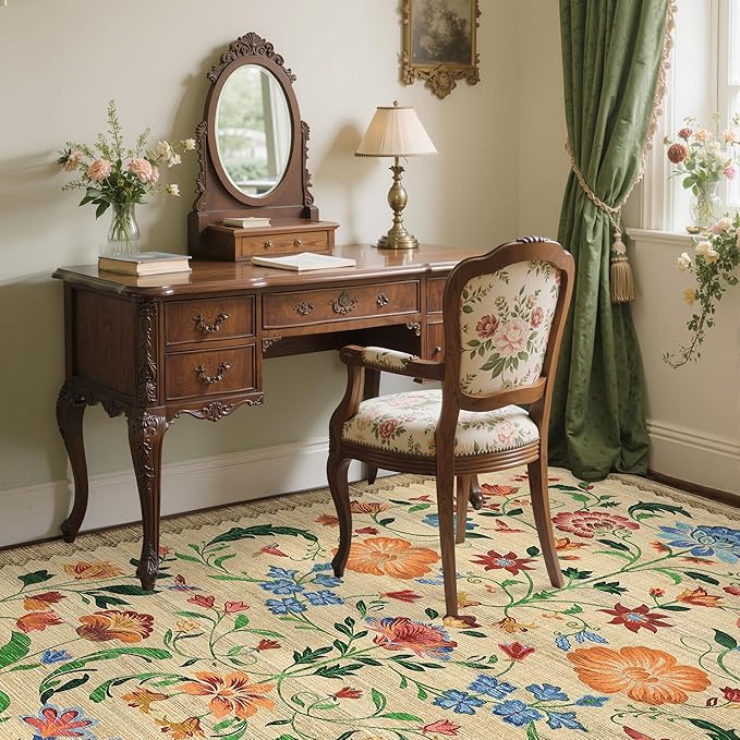GarveeHome Washable Rug 3x5 Area Rugs for Living Room, Floral Rug for Bedroom, Soft Boho Non Slip Throw Rugs with Rubber Back, Low Pile Stain Resistant Vintage Floral Carpet for Dining Room, Beige