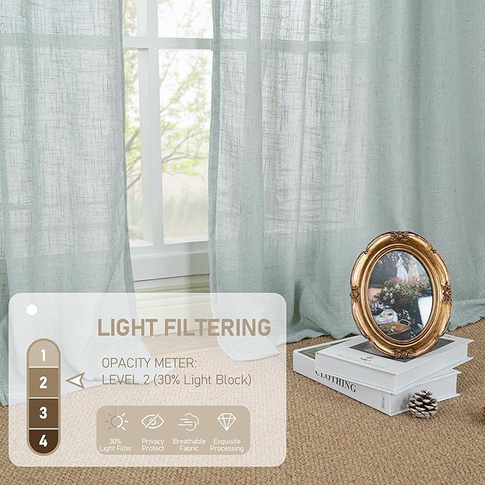 LAMIT Living Room Linen Curtains - 90 Inch, Back Tab & Rod Pocket, Light Filtering, Burlap Textured Sheer Curtains for Farmhouse, 2 Panels, 52 x 90 Inch, Greyish Blue