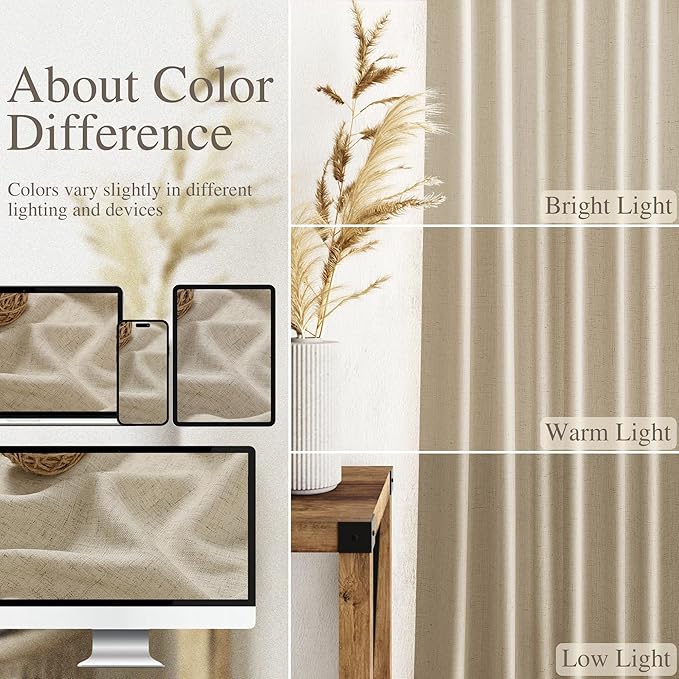 Nanspring Eggshell Beige Curtains 90 Inches Long for Living Room Linen Light Filtering Semi Sheer Curtain Back Tab Rod Pocket Rustic Decor Neutral Elegant Drapes for Bedroom 52x90, 2 Panels