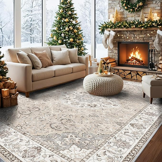 10x14 Washable Vintage Area Rug - Large Rugs for Living Room Soft Stain Resistant Carpet with Non-Slip Backing Low Pile Water Resistant Rug for King Size Bed Pet Friendly Home Decor Mat(10x14 Beige)