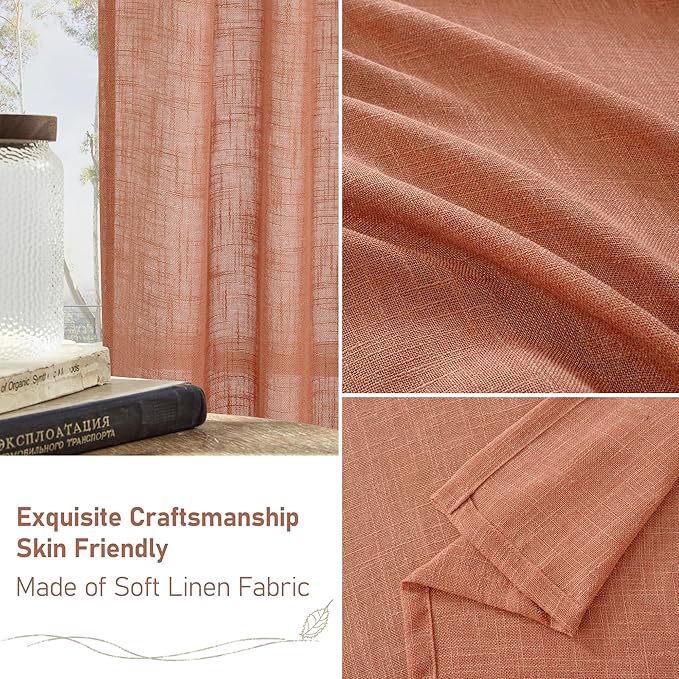 LAMIT Light Filtering Linen Curtains 63 inches Long for Bedroom, Linen Textured Semi Sheer Back Tab and Rod Pocket Terracotta Boho Drapes for Living Room, 2 Panels, 60 x 63 Inch