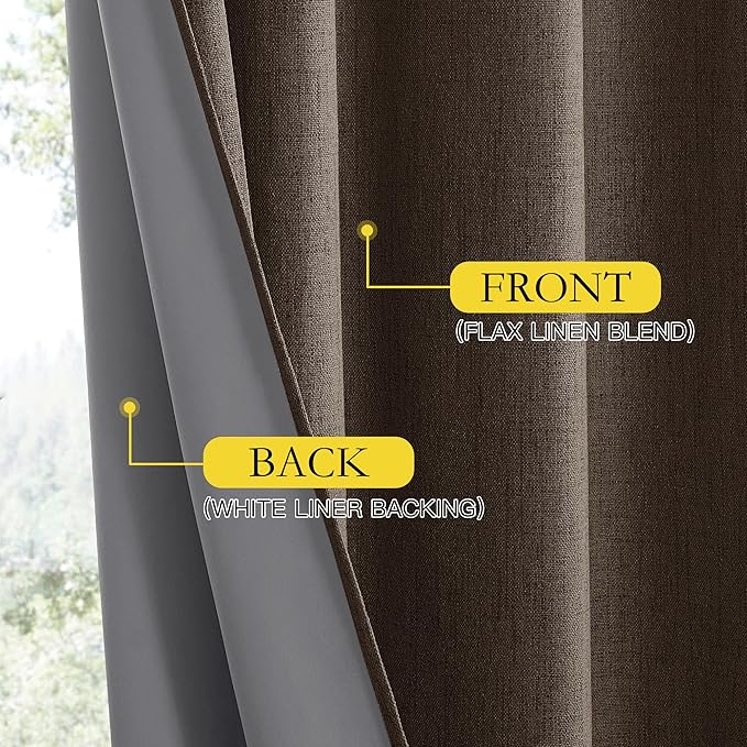 NICETOWN Coffee Vintage Linen 100% Blackout Curtains for Living Room, Thermal Insulated Curtains 84" Long, Noise Reducing Window Treatment Drapes for Hall Room, 42" Wide Per Panel, Set of 2