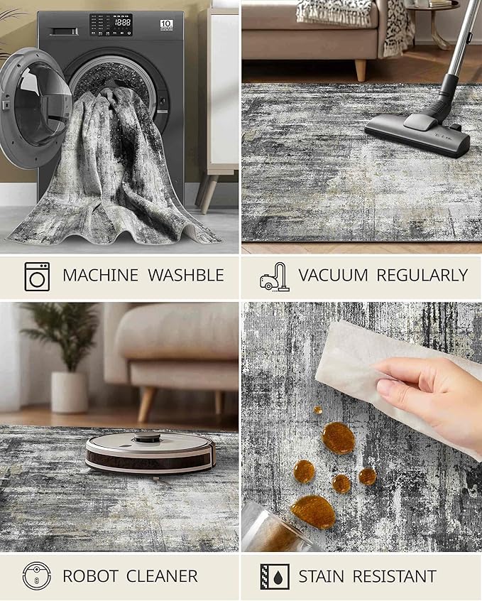 Latte&Fog 5x7 Area Rugs for Living Room Bedroom, Black Modern Abstract Neutral Washable Rug, Boho Non Slip Low Pile Carpet for Dining Room,Dorm,Classroom,College Dorm and Farmhouse - Black Gold