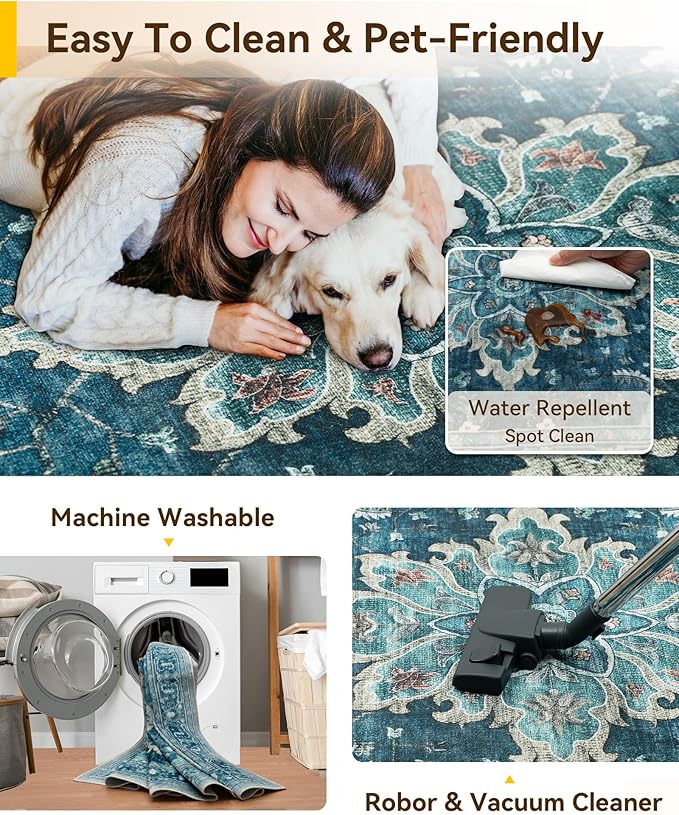 Area Rugs 2'x9' Runner Rug Non Slip Washable for Kitchen Hallway Bedroom Beside Laundry Room Bathroom Rug, Floor Carpet, Teal Green Lake Blue Turquoise