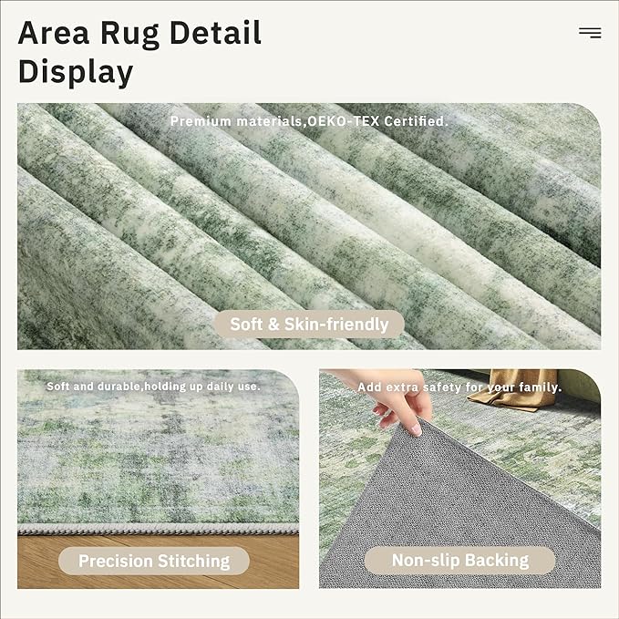 Washable Area Rug 8x12, Large Soft Rugs for Living Room Vintage Green/Ivory Carpet 8x12 Area Rugs for Bedroom Dining Room Non-Slip Stain Resistant Under Table Rug