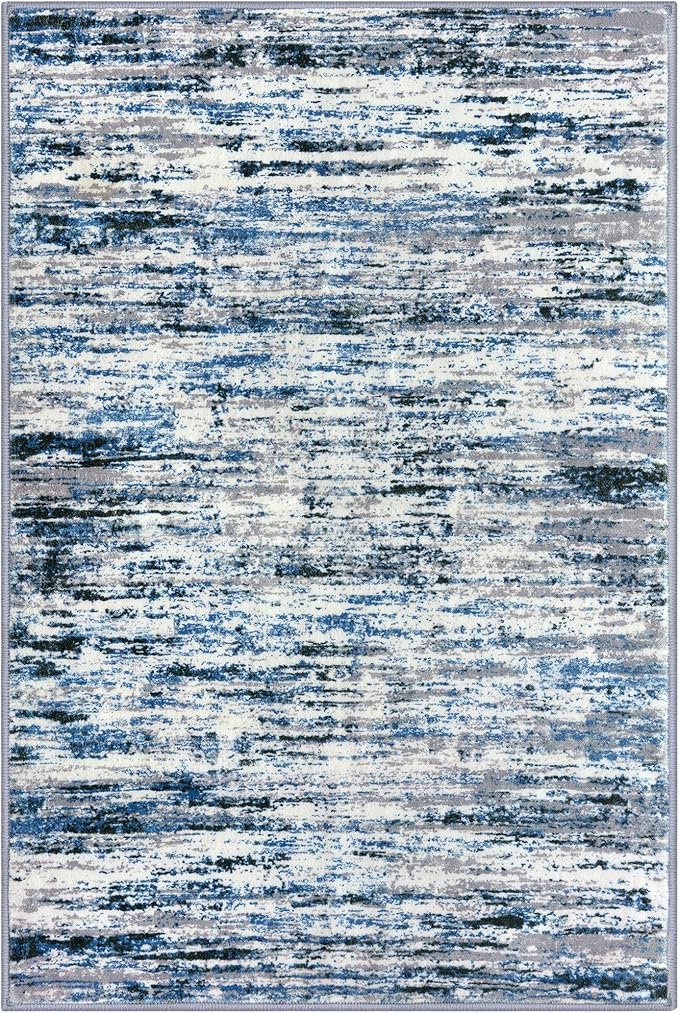 Lansny Modern Abstract 9x12 Large Machine Washable Living Room Rug Non-Slip Soft Bedroom Area Rug Grey Blue White Thin Print Faux Wool Carpet Throw Rugs for Nursery Playroom Dining Room Indoor