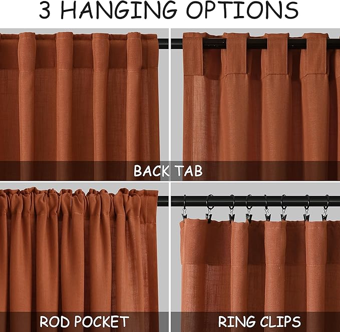 Nanspring Terracotta Linen Curtains 63 Inches Length 2 Panels for Living Room Back Tab Pocket Light Filtering Semi Sheer Drapes Cotton Linen Textured Brick Burnt Orange Window Curtain 52X63 Inch