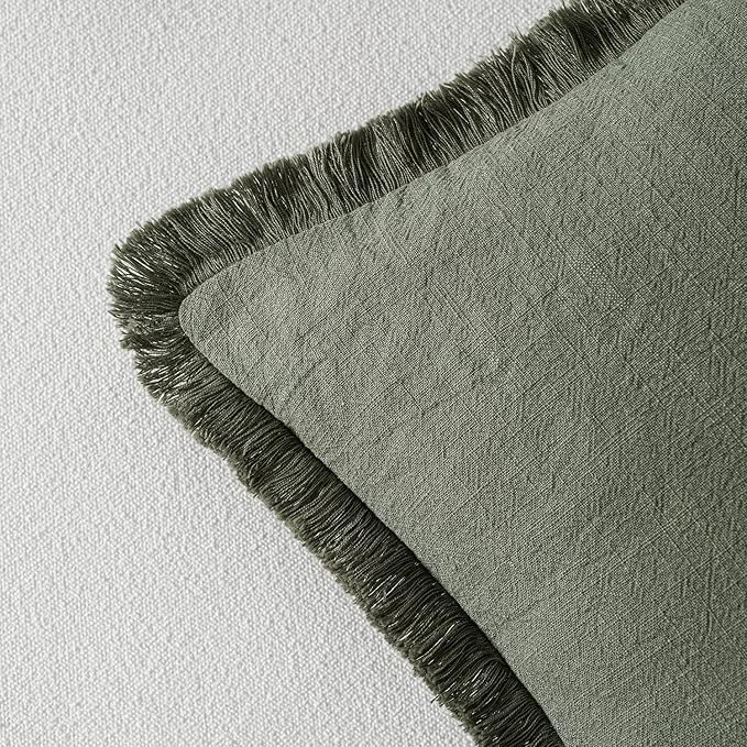 MIULEE Decorative Throw Pillow Covers Neutral Linen Fringe Throw Pillows Set of 2 Light Olive Green Boho Farmhouse Cushion Covers for Couch Sofa Bed Living Room Spring Home Decor 20x20 Inch