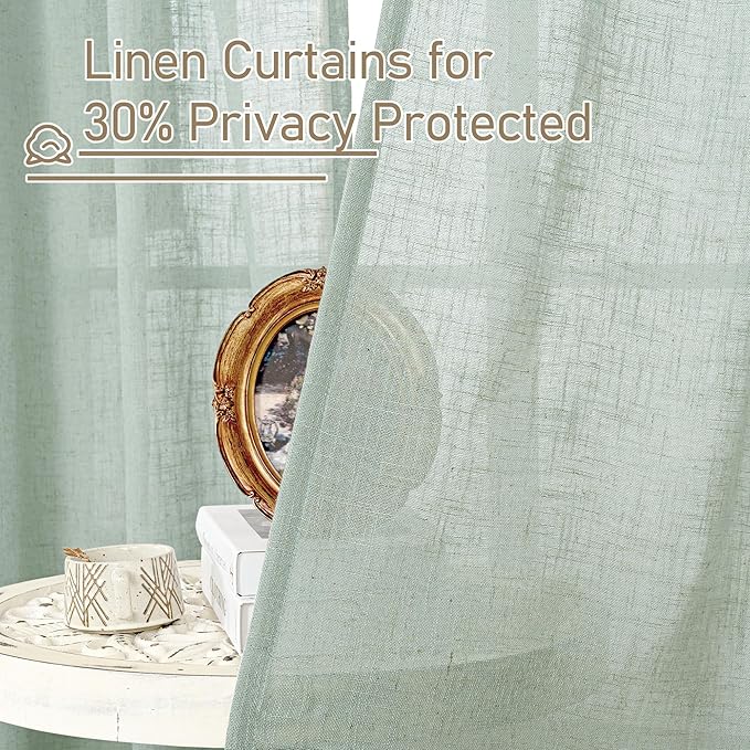 LAMIT 63 Inch Semi Sheer Linen Curtains, Light Filtering Panels Back Tab and Rod Pocket Neutral Drapes for Bedroom/Living Room, Light Sage, 2 Panels, 34 x 63 Inch