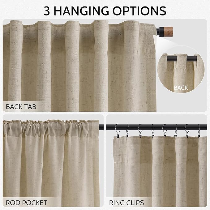 Nanspring Eggshell Beige Curtains for Living Room 72 Inches Long Linen Blend Luxury Light Filtering Semi Sheer Curtain Back Tab Rustic Decor Neutral Elegant Drapes for Bedroom Office 52x72, 2 Panels