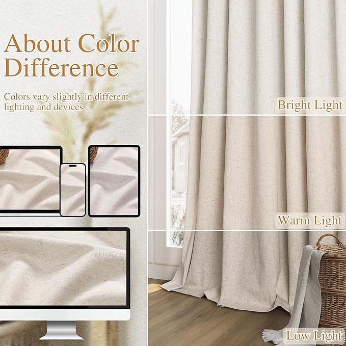 Guken 100% Blackout Linen Curtains 90 Inch Length 2 Panels Set for Living Room Bedroom Back Tab Thermal Insulated Black Out Drapes Room Darkening Farmhouse Window Curtains 90 Inches Long