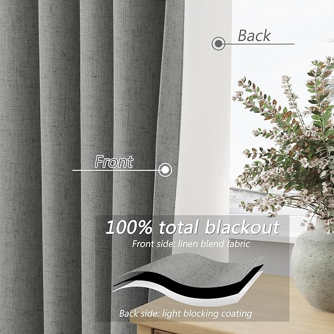 Guken 100% Blackout Linen Curtains 72 Inch Length 2 Panels Set for Living Room Bedroom Back Tab Thermal Insulated Black Out Linen Drapes Room Darkening Window Curtains,Dark Grey
