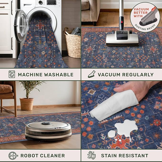 Washable Kitchen Rugs, 3x6 Area Rug for Large Entryway Indoor, Kitchen Mat, Small Rug for Living Room - Stain Resistant Non Skid Non Slip Rubber Backing, Boho Aethestic Décor (3x6 Navy Blue)