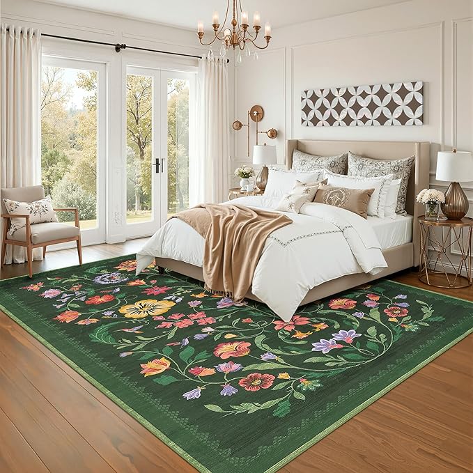 Washable Rug 5x7 Area Rugs for Living Room, Protea Floral Rug for Bedroom, Soft Boho Non Slip Throw Rugs with Rubber Back, Low Pile Stain Resistant Vintage Floral Carpet for Dining Room, Forest Green