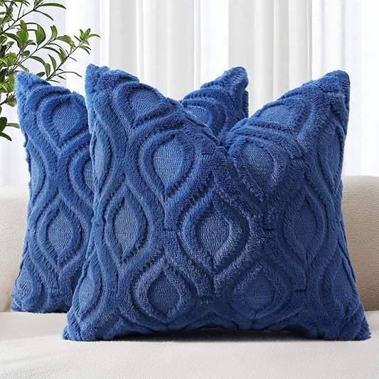 decorUhome Throw Pillow Covers 22x22 Inch Set of 2, Soft Plush Faux Wool Dark Blue Solid Couch Pillow Covers, Accent Euro Sham Farmhouse Neutral Square Pillow Cases for Sofa Bed Living Room