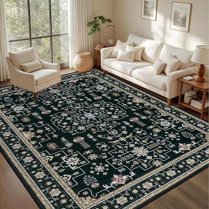 Area Rugs 10x14 Living Room Rug: Washable Rug Soft Vintage Boho Medallion Carpet Indoor Floor Non-Slip Stain Resistant Large Carpets for Bedroom Dining Room Farmhouse Nursery Home Office Black