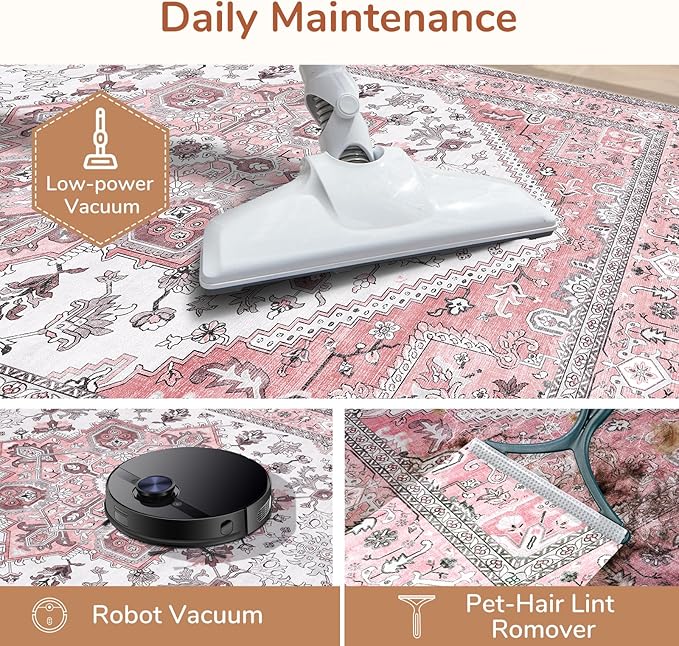 OPPODREAM Soft Area Rugs 3x5, Washable Rugs with Non Slip Backing, Low-Pile Throw 3x5 Carpet, Faux Cashmere 3 x 5 Carpet, Pink & Cream