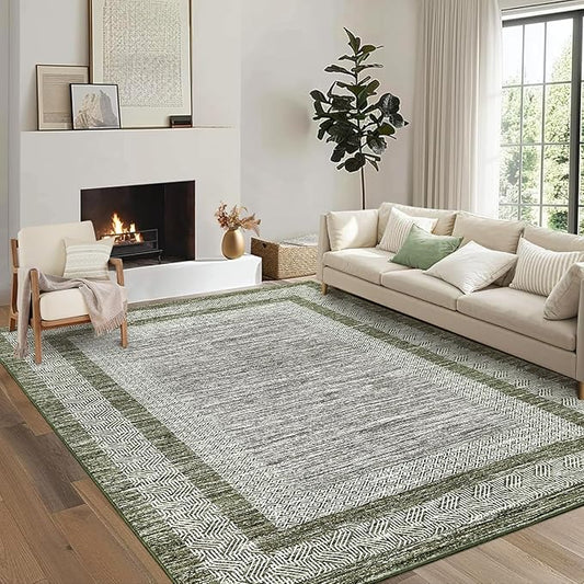 GarveeHome Modern Geometric Area Rug 4x6 Distressed Bordered Washable Non Slip Floor Carpet Non Shedding Thin Soft Low Pile Contemporary Green Rug for Dining Room, Living Room