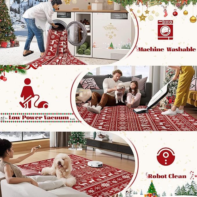 Christmas Rug 4x6 Washable Rugs, Boho Christmas Tree Snowflake Rug Non-Slip Soft Low Pile Non Shedding Indoor Holiday Carpet for Living Room Bedroom Dining Room Home Office (XmasRed, 4'x6')
