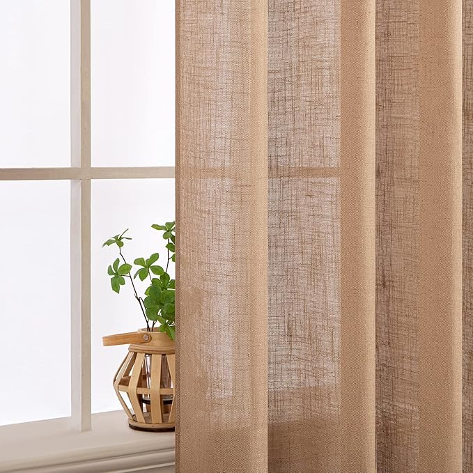MIULEE Light Brown Linen Curtains 84 Inch Length 2 Panels for Bedroom Living Room, Soft Thick Linen Textured Natural Window Drapes Semi Sheer Light Filtering Back Tab Rod Pocket Burlap Look Decor