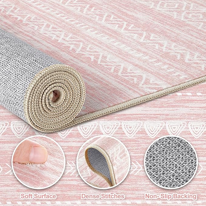Nakagishi Pink Rugs for Bedroom Girls: 7x10 Washable Boho Large Neutral Cute Soft Area Rug Modern Indoor Floor Non Slip Accent Carpet for Living Room Nursery Kids Playroom Preppy Room Dorm Baby Room