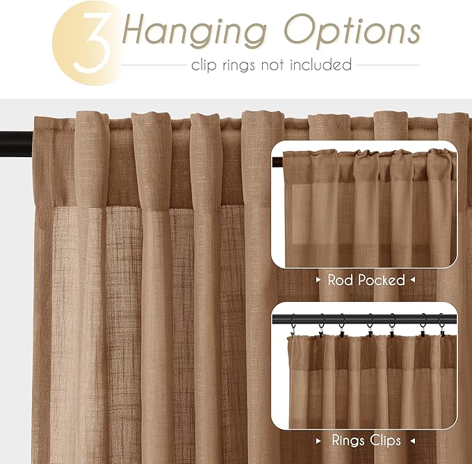 Brown Curtains for Living Room Back Tab Modern Farmhouse Semi Sheer Curtains 120 inches Long 2 Panels Set Muted Neutral Window Curtain for Dining Room Bedroom 52x120