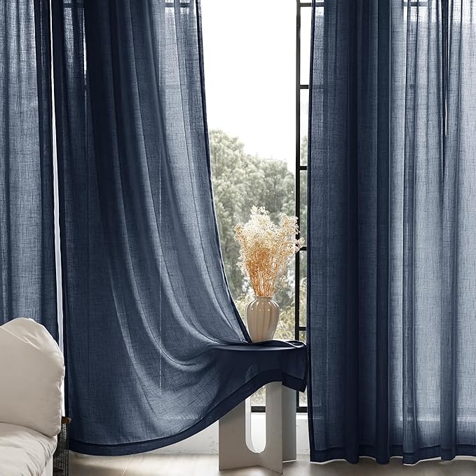 Navy Blue Curtains 92 inch Length for Bedroom Back Tab Light Filtering Semi Sheer Blue Living Room Curtains Linen Cotton Textured Indigo Blue Drapery Panel Modern Farmhouse Aesthetic Decor Dark Blue