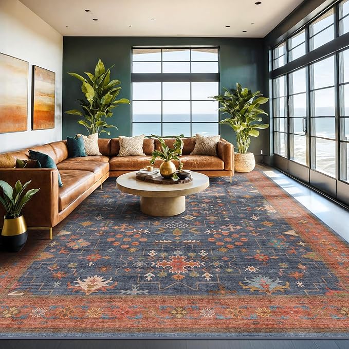 Navy Blue Large Area Rugs 8x12 Living Room, Geometric Floral Rugs for Dining Room Under Table - Washable Low Pile & Soft Carpet for Bedroom - Vintage Boho Stain Resistance Indoor Décor