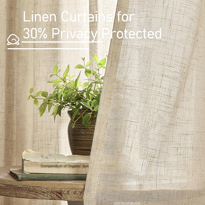 LAMIT 54 Inch Semi Sheer Window Linen Curtains, Light Filtering Panels Back Tab and Rod Pocket Neutral Drapes for Bedroom/Living Room, Brown, 2 Panels, 34 x 54 Inch