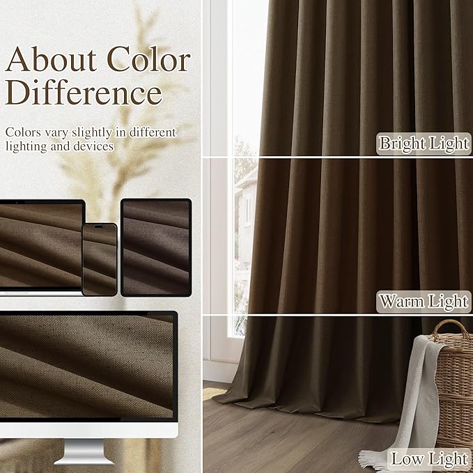 Guken 100% Blackout Curtains 84 Inch Length 2 Panels Set for Living Room Bedroom Back Tab Thermal Insulated Black Out Linen Drapes Room Darkening Chocolate,52x84