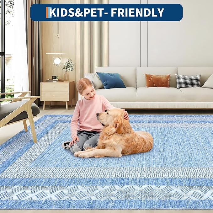 GarveeHome 10x13 Large Washable Geometric Area Rug Non Slip Non Shedding Floor Carpet, Modern Bordered Distressed Light Blue Indoor Printed Rug for Living Room, Bedroom, Office