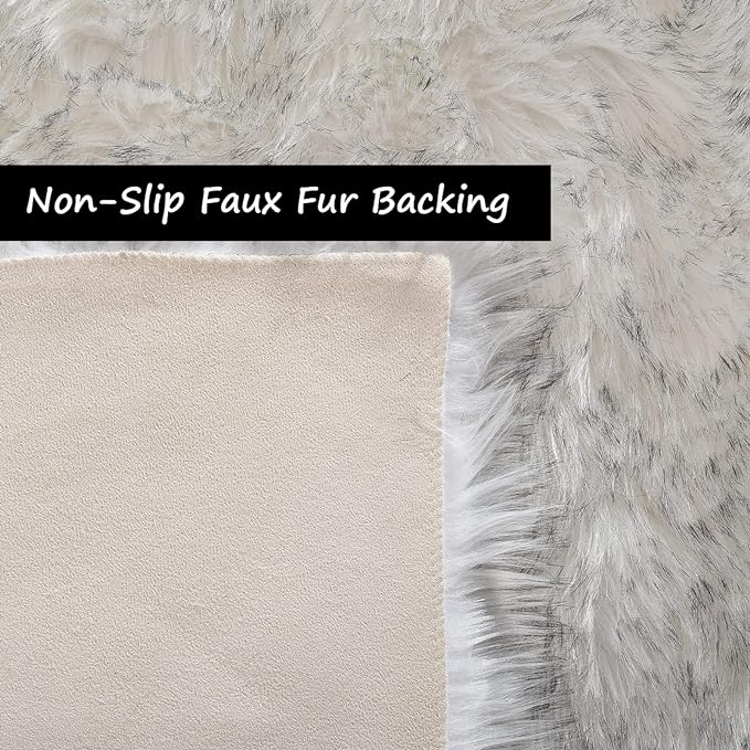 Goolela Round Fluffy Rug 3ft White with Grey Tips Circle Faux Sheepskin Fur Rug for Bedroom Living Room Fuzzy Furry Small Décor Washable