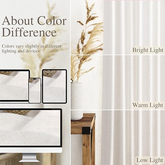 Ivory White Linen 112 Inch Curtains for Living Room Light Filtering Semi Sheer Curtain Back Tab Rustic Neutral Modern Farmhouse Decor Drapes Floor to Ceiling High Window for Bedroom 52x112, 2 Panels
