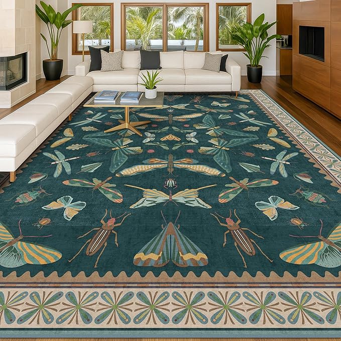 Hazo Haus Teal Green Living Room Rugs - 10x14 Large Area Rug for Dining Room, Big Bedroom, Playroom Kids, Foldable Insect Décor