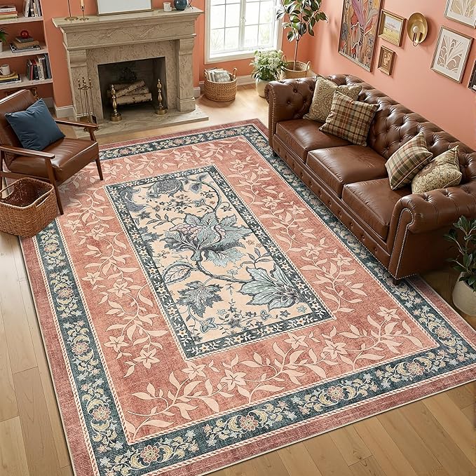 GarveeHome Terracotta Teal Washable 5x7 Area Rugs, Botanical Grove Vintage Cottage core Non-Slip Rug for Bedroom Living Room Nursery Kitchen Low-Pile Retro Carpet