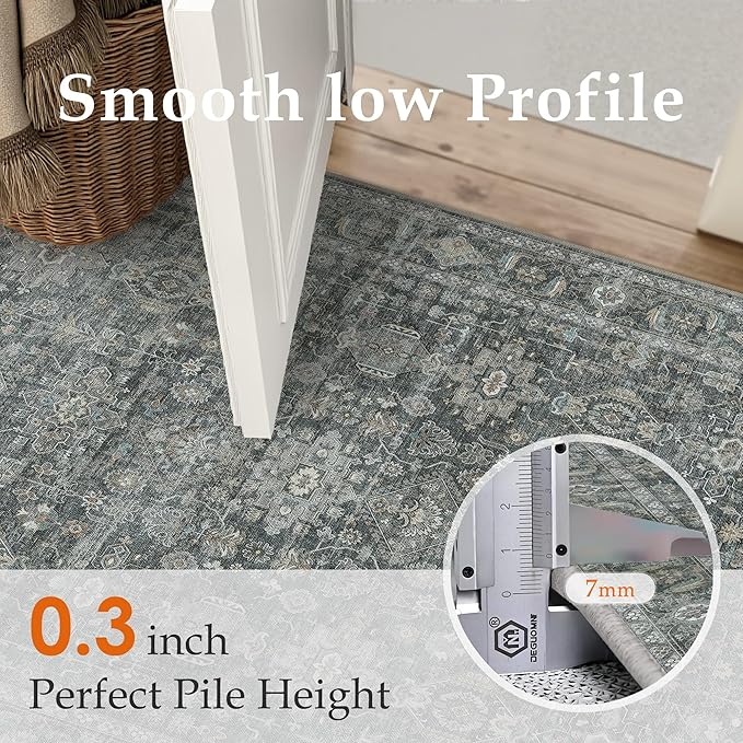 8x10 Washable Area Rug for Living Room Bedroom Vintage Black Grey Non Slip Carpet Traditional Retro Soft Low Pile Large Throw Rug for Dining Room Kitchen Office Indoor