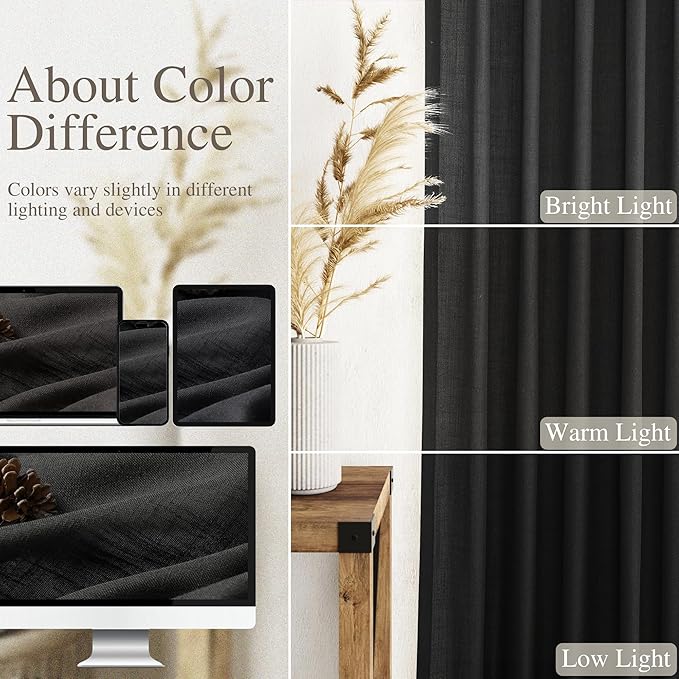 Black Linen Curtains 90 inches Long for Bedroom Back Tab Light Filtering Privacy Sheer Black Curtains Modern Farmhouse Coastal Decor Black Cotton Textured Gauze Curtain 2 Panel Set 38x90