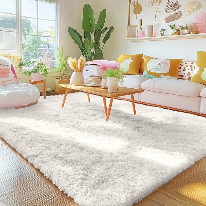 OLANLY 4x9 Area Rugs for Living Room Bedroom, Machine Washable Soft Fluffy Shaggy Bedside Rug, Indoor Floor Carpet for Kids Girls and Boys, Dorms, Nursery Rooms, Home Decor Aesthetic, Ivory