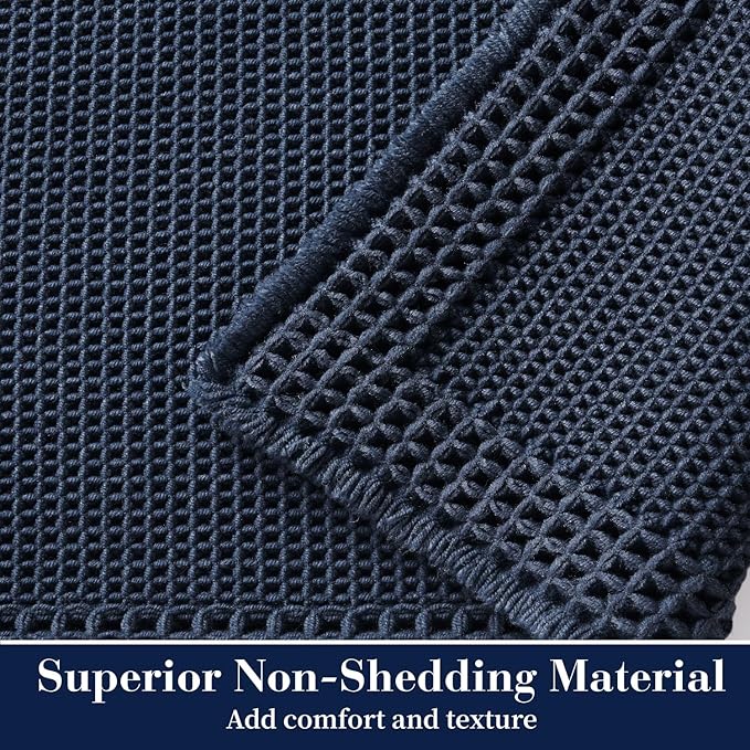 RESARE Waffle Bath Mat for Bathroom, Super Absorbent Bathroom Rugs Non Slip Machine Washable, Ultra Soft Quick Dry Boho Bath Rugs with Tassels for Floor, Upgraded Bordered Design, 18"x30" Navy