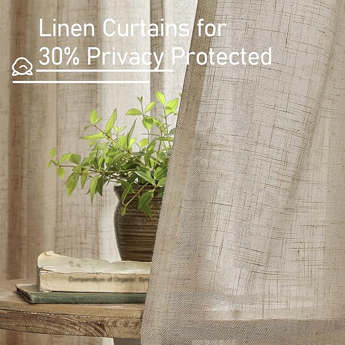 LAMIT 40 Inch Length Linen Curtains for Small Windows, Semi Sheer Light Filtering Panels Back Tab and Rod Pocket Country Decor Drapes for Basement/Kitchen, Taupe, 2 Panels, 34 x 40 Inch