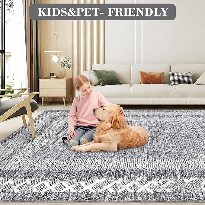 GarveeHome 8x10 Large Washable Area Rug Modern Bordered Rug Distressed Geometric Floor Carpet, Soft Non Slip Rug, Low Pile Non Shedding Rug, Indoor Gray Rug for Bedroom, Living Room