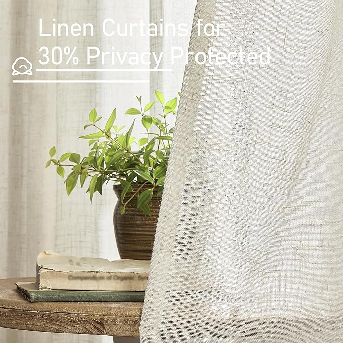 LAMIT Light Filtering Linen Curtains 84 inches Long for Bedroom, Cream Ivory Linen Textured Semi Sheer Back Tab and Rod Pocket Natural Boho Drapes for Living Room, 2 Panels, 42 x 84 Inch