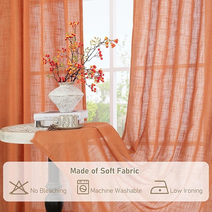 LAMIT Burnt Orange 72 inch Linen Curtains for Living Room 2 Panels, Linen Textured Light Filtering Semi Sheer Back Tab and Rod Pocket Curtain Panels for Bedroom/Farmhouse, 52 x 72 Inch