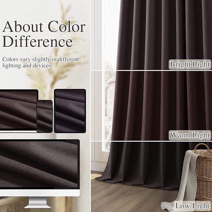 Guken Cocoa Coffee 100% Blackout Linen Curtains 120 Inch Length 2 Panels Set for Living Room Bedroom Back Tab/Rod Pocket Thermal Insulated Farmhouse Black Out Drapes Room Darkening,52x120